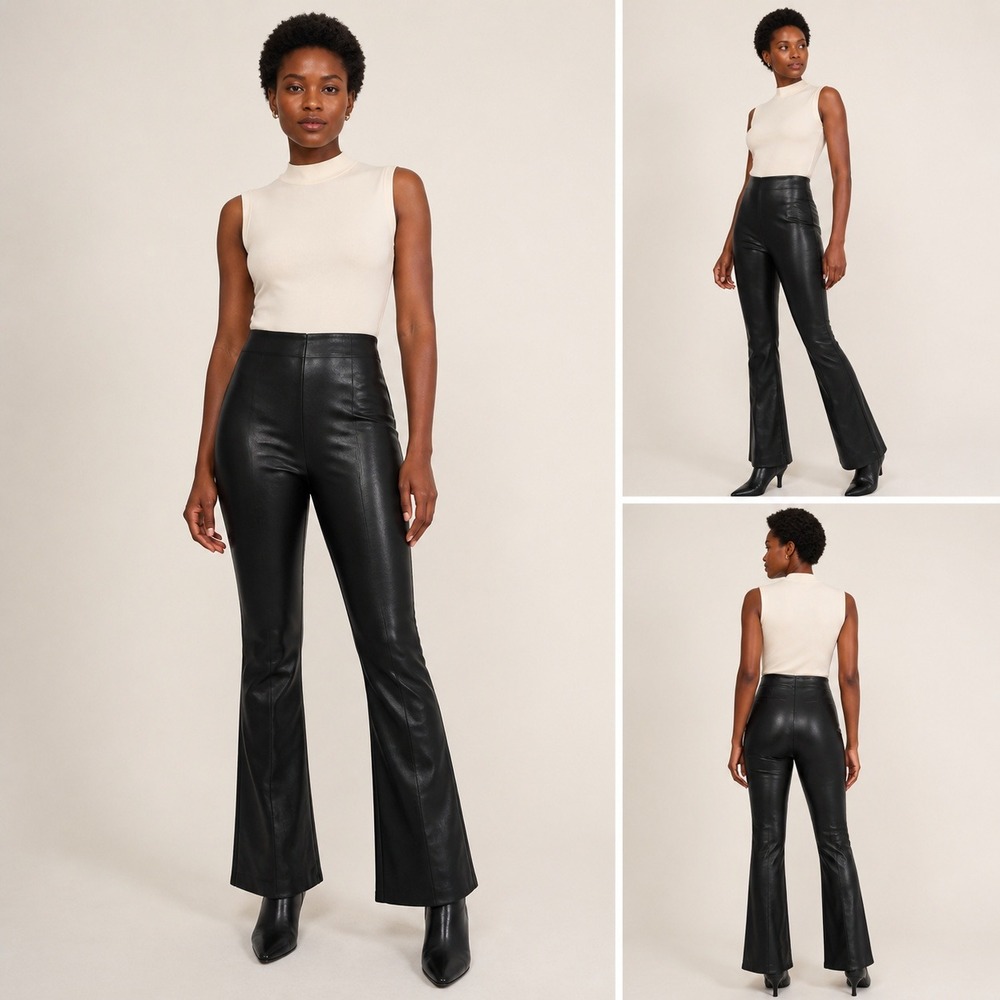 Commando Faux Leather Crop Flare Pants/ Leggings L Black High Rise Pull On SL101